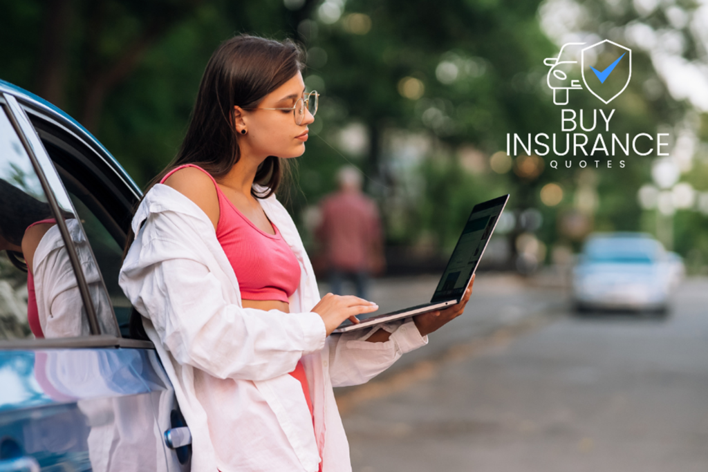 Woman comparing a car insurance quote online using a laptop beside her vehicle